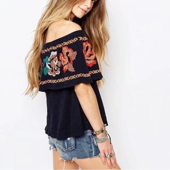Free People To The Left Cross Stitch off shoulder top - Picture 3 of 6
